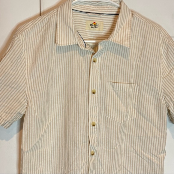 Marine Layer Tan Stripe Better Than Linen Hemp Blend Short Sleeve Button Shirt M - Picture 3 of 10